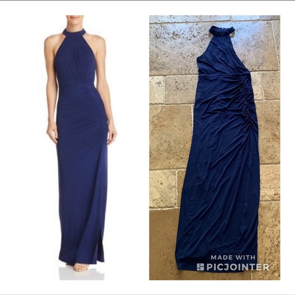 Laundry by Shelli Segal Ruched Gown Navy Blue Sleeveless Maxi 4 - Picture 1 of 11